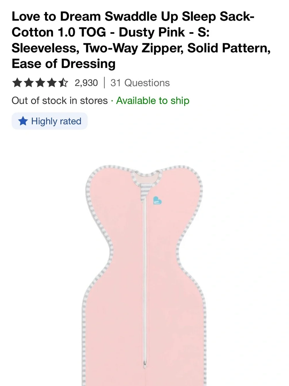 Love to Dream Swaddle- Small- NWOT- pink